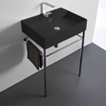 Bathroom Sink, Scarabeo 8031/R-60-49-CON, Matte Black Ceramic Console Sink and Polished Chrome Stand